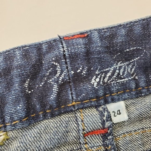 Blue Tattoo Jean Shorts 24 Cut Off Embroidered Den - Picture 5 of 7